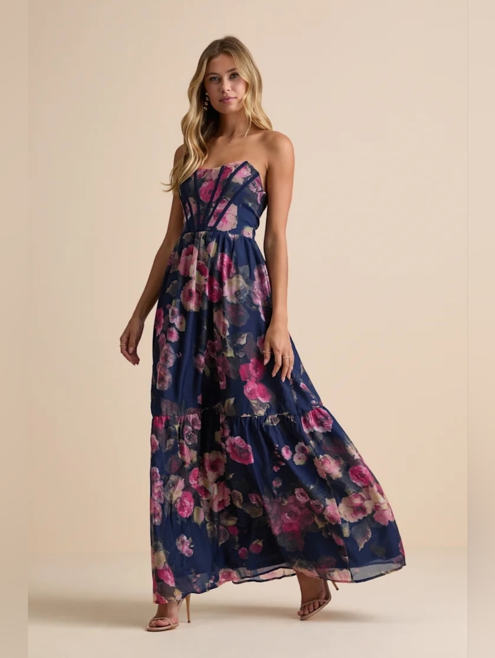 Lulu's Strapless Navy Maxi Dress with Pink Floral Print - Size XL - New With Tag